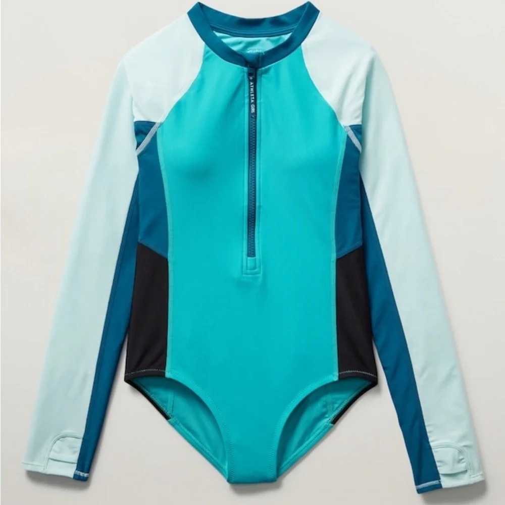 NWOT Athleta Girl Bora Bora Blue Rashguard One Piece Swimsuit Size XL/14